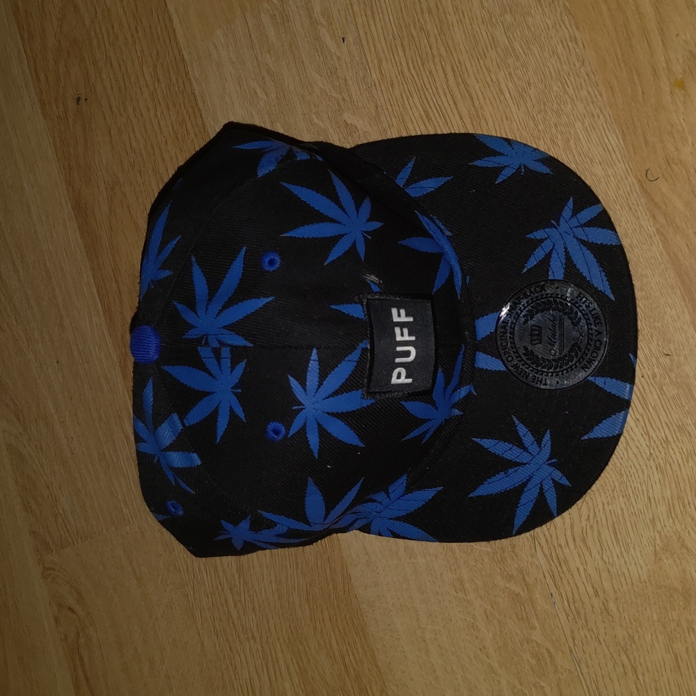 PUFF Stitched Patch Weed Leaf Snapback Baseball Cap Hat Blue Black